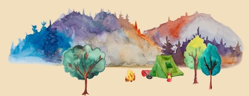 Watercolor mountains and tent camping